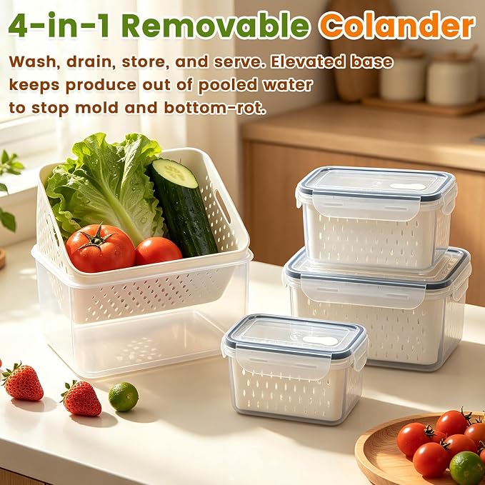 TBMax 8 Pieces Airtight Fruit Storage Containers for Fridge with Air Circulation Vent, 4 Pack Produce Saver with Colander for Berry Lettuce Salad Vegetable Storage, Refrigerator Organizers - Image 4