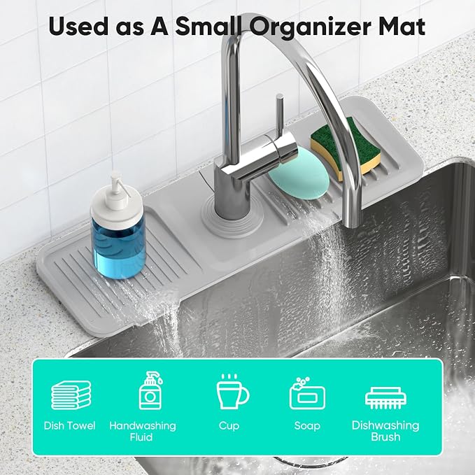 17.7'' Faucet Mat for Kitchen Sink [5°Slope Fast Self-draining] Kitchen Sink Splash Guard Silicone Sink Faucet Mat Splash Guard Kitchen Sink Area Tidy Splash Faucet Guard Draining Mat-Light Gray - Image 7