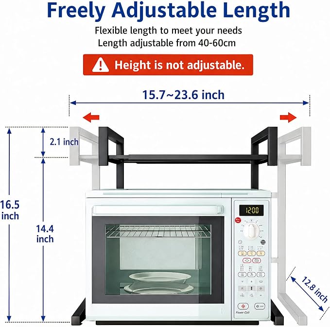 PUSDON Adjustable Carbon Steel Microwave Oven Rack, 2-Tier with 3 Hooks, 55lbs Weight Capacity, Black - Image 4
