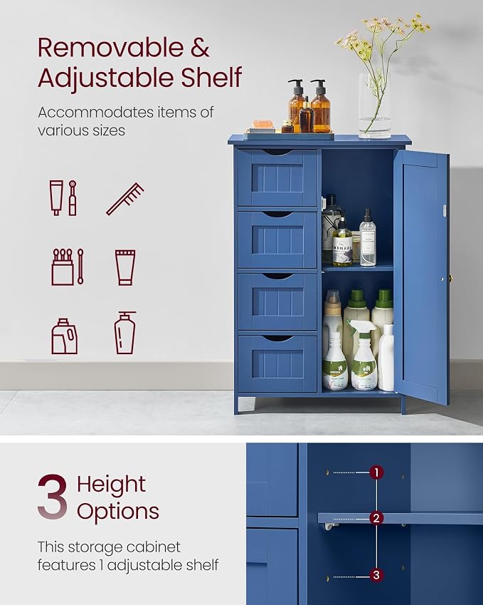 VASAGLE Floor Storage Cabinet, Farmhouse, 4 Drawers and 1 Door,32.3" H | Freestanding Organizer Unit, Kitchen, Bathroom, Living Room, Bijou Blue, SOFIE Collection ULHC041QE02 - Image 4