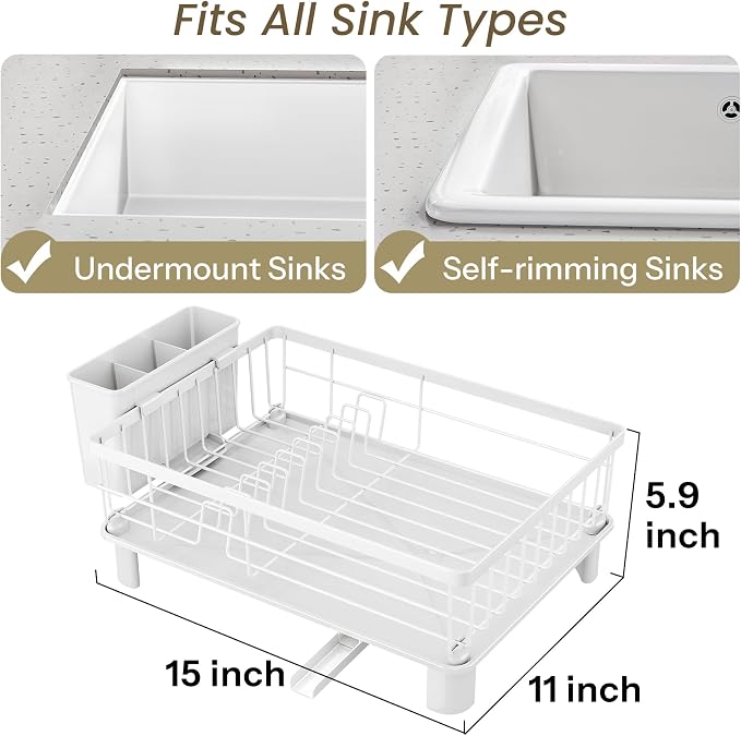 SNTD Dish Drying Rack for Small Kitchen Counter, 11" W x 15" L, White | Space Saving, Rotating Spout & Angled Drainboard for Quick Drainage, Stainless Steel, Removable Utensil Holder - Image 2