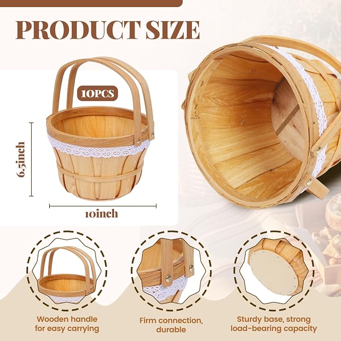 Wooden Baskets 10" x 6.5", 10 Pack Natural Apple Harvest Baskets | Round Handled Baskets Hold Produce, Flowers, Easter Eggs Or Favors for Farms, Markets, Weddings, Parties and Decor - Image 3
