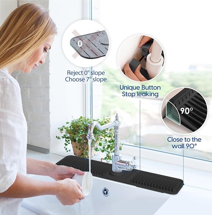24-Inch Silicone Faucet Mat for Kitchen Sink Splash Guard, 7° Slope | 24"x5.5" water draining mat with fasten button; 1.6-2.75" customizable hole for bathroom, RV & kitchen sink drip catcher. - Image 5