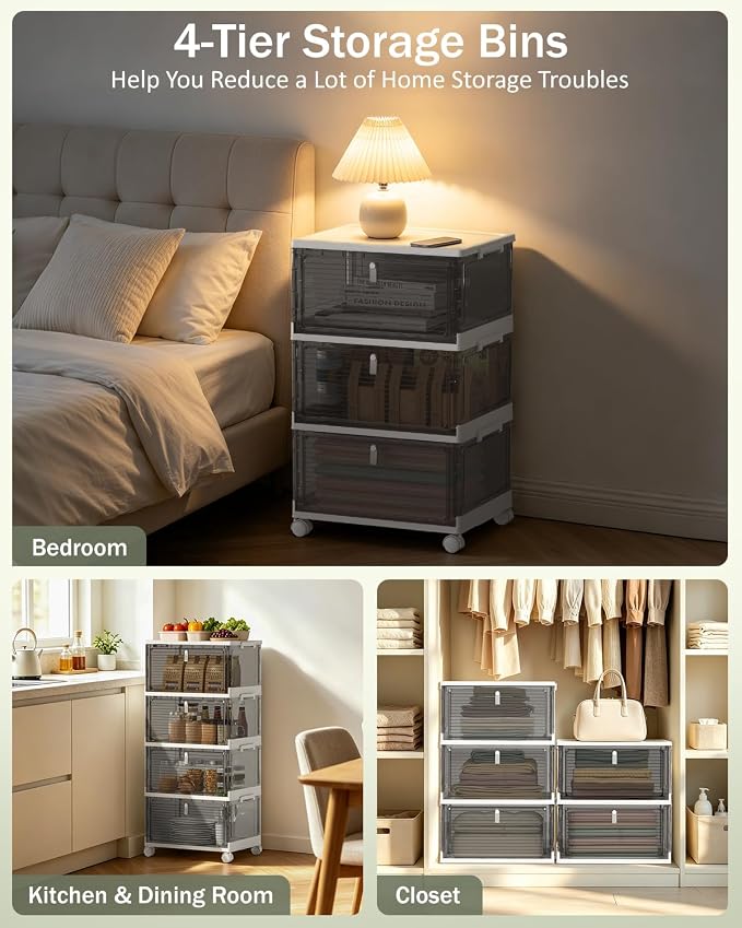 23QT Stackable Storage Bins with Lids and Wheels, 4 Tier 92QT Foldable Plastic Storage Drawers with Magnetic Doors, 4 Pack Collapsible Closet Organizer for Bedroom Office, Clear Gray - Image 7