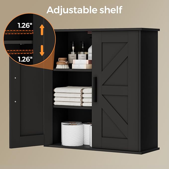 Homleke Bathroom Wall Cabinet, Medicine Cabinet with Adjustable Shelves | 3-Tier Wall Mounted Over Toilet Storage with Barn Doors, for Bathroom, Kitchen, Entryway, Laundry Room, Black, (7.9" D) - Image 5