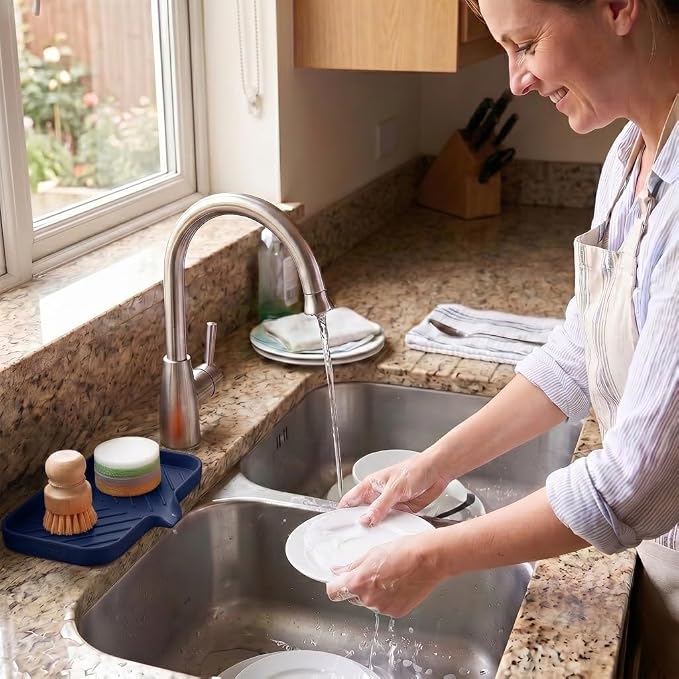 MicoYang Silicone Soap Dish with Drain Spout — Self-Draining Sink Organizer Tray for Bathroom & Kitchen, Sponges, Dispensers & Soap Holder, Non-Slip & Dishwasher Safe, Navy Blue (Medium, 9.6"×5.3") - Image 7