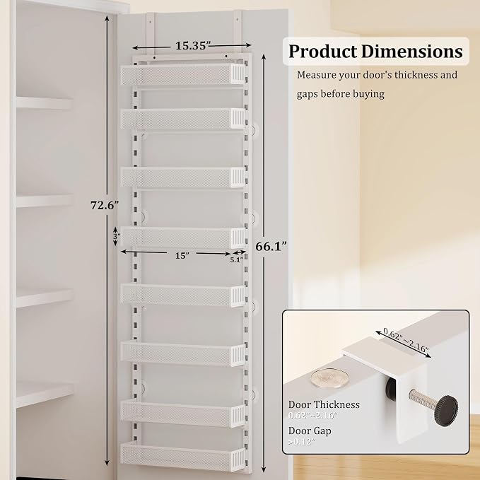 8-Tier Over the Door Pantry Organizer with Adjustable Baskets | Over the Door Spice Rack, Wall-Mounted or Hanging Shelves for Kitchen, Laundry Room, Bathroom(White,15.35"W x 5.2"D x 72.6"H) - Image 2