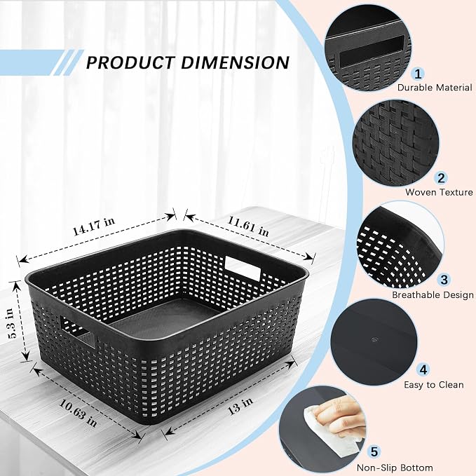 Soddeph Plastic Storage Baskets for Cabinets, Household Pantry Organization with Handle,Organizer Bins for Room,Bathrooms,Under-Sink,Kitchen (Black, L-3PACK) - Image 2