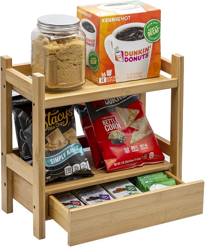 Sorbus 2-Tier Bamboo Countertop Shelf with Hidden Drawer for Vanity, Matcha Shelf, Bathroom Storage Cabinet, Under Sink Organizer, Bathroom Storage, Matcha Station Shelf (13″ L x 6.5″ W x 12.6″ H) - Image 5