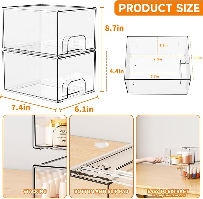 2 Pack Clear Stackable Storage Drawers,4.4'' Tall Acrylic Drawer Containers for Organizing,Bathroom Organizers and Storage Bin Box,Plastic Makeup,Medicine Organizer Bins for Cabinet,Undersink - Image 3