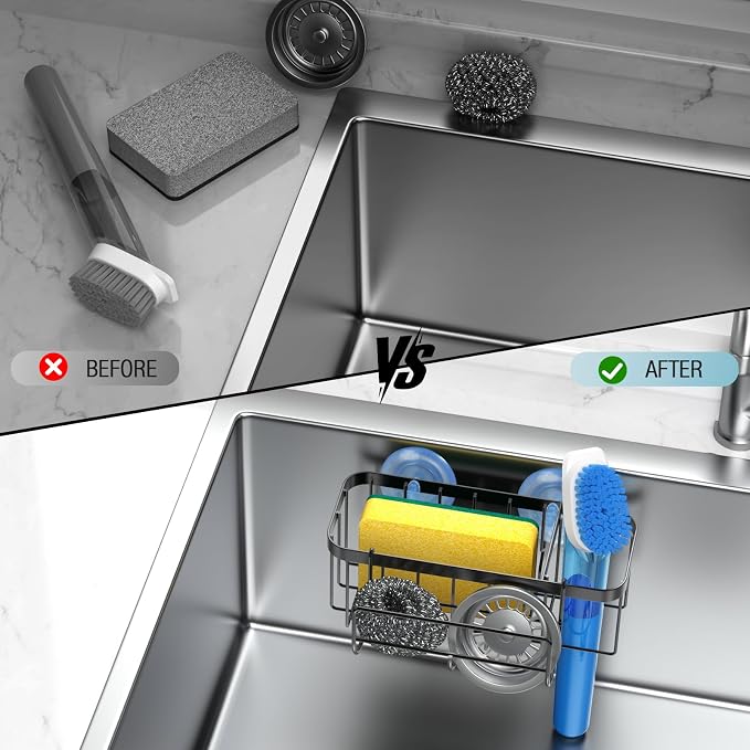 3-in-1 Kitchen Sink Caddy Organizer with Sponge Holder, Brush Holder, Extra Rack for Scrubber, Sink Stopper, Dish Cloth Hanger - Strong Dual Suction Cup, 2.0mm SUS304 Stainless Steel - Black - Image 9