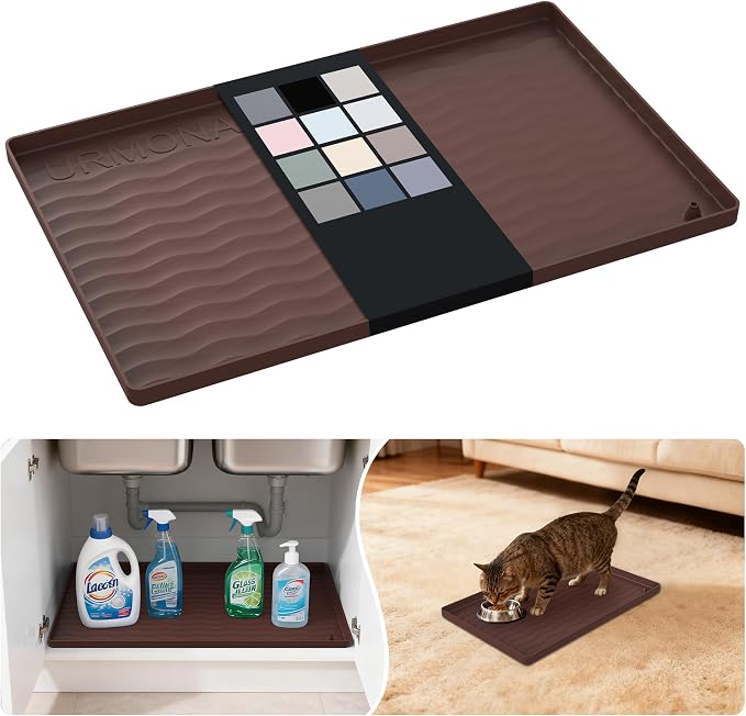 URMONA Waterproof Silicone Under Sink Mat 16'' x 10'' Shelf Liner for Kitchen and Bathroom, Cabinet and Counter Protector, Storage and Organizers, Litter Mat, Pet Cat Puppy Essentials(Brown) by URMONA