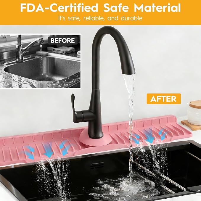 16" Silicone Faucet Mat for Kitchen Sink of The Lastest, Pink | 8° Slope Fast Self-draining, Kitchen Sink Water Splash Guard, Behind Faucet Draining Mat, for Bathroom Kitchen Sink Area - Image 4