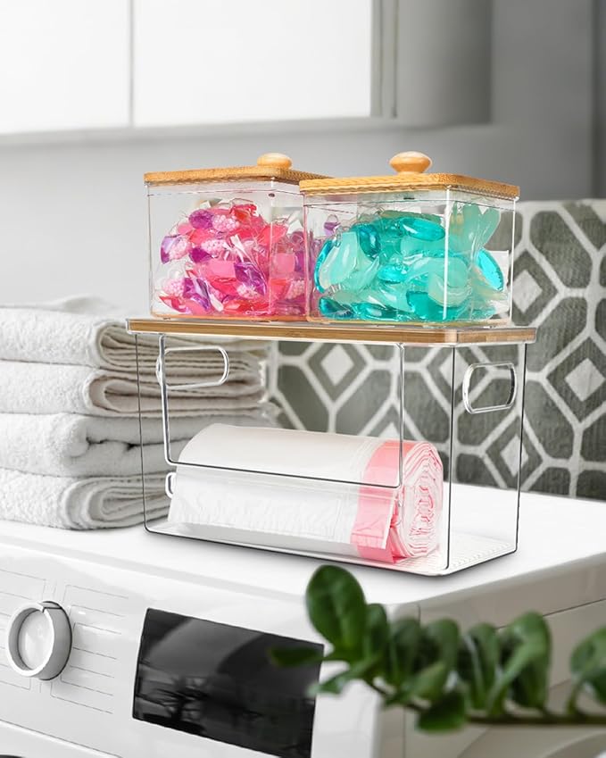 Trash Bag Dispenser 2 Pack - Under Sink Organizer, Plastic Bag Holder | Stackable Acrylic Garbage Bag Storage with Bamboo Lid for Kitchen Cabinet, 13/30/33 Gallon Grocery Bag Dispenser - Image 6