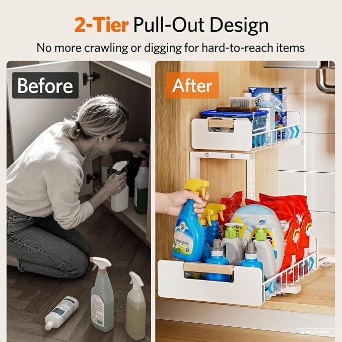 Delamu Under Sink Organizer Kitchen, 2-Tier Pull-Out Cabinet Shelf, 2-Pack | 2-Tier Smooth Slide, 5 Adjustable Heights, Anti-Tip Suction Cups, Sturdy Metal, For Kitchen Bathroom Pantry Laundry, White - Image 2