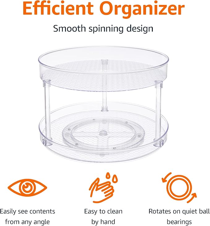 Amazon Basics 2 Tier Lazy Susan Turntable Organizer for Condiments, 12" Diameter, Clear - Image 2