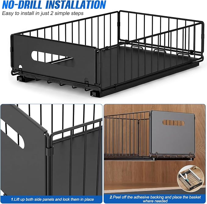 Pull Out Cabinet Organizer, No Drill Slide Out Pantry Drawer 2 Pack | Heavy Duty Carbon Steel Wire Basket, Adhesive Install, Low Profile Foldable, 9.44 x 3.54 in, Kitchen Pantry Bathroom - Image 4