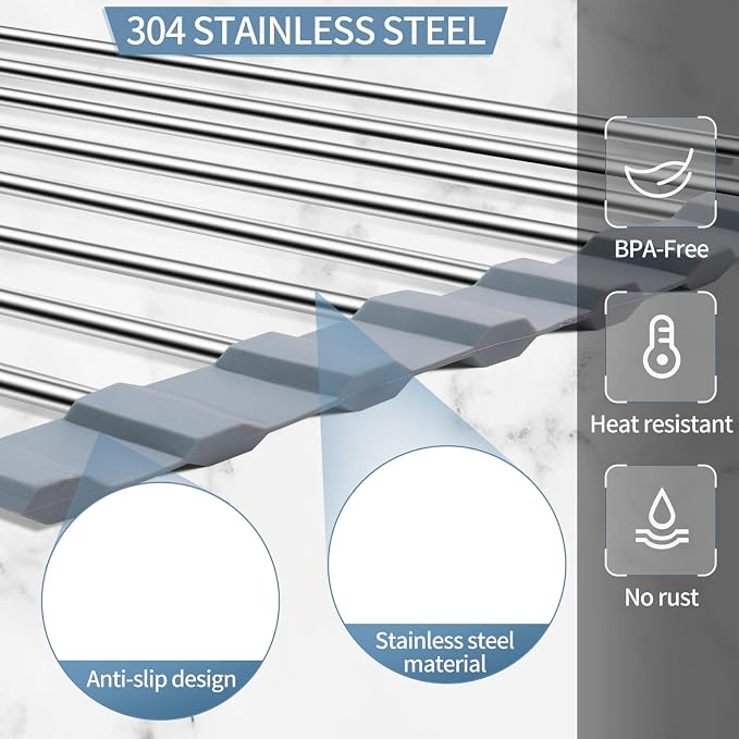 Triangle Roll-Up Dish Drying Rack | 304 Stainless Steel, Folding, Over Sink Mat Drainer, Kitchen Sink Organizer, Right-Angle Drainer, Sink Drain Basket - Image 3