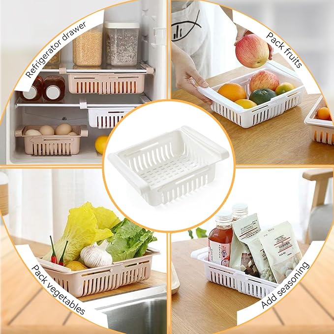 2Pcs Expandable Fridge Drawer Organizer, 20-28cm Adjustable Under Shelf Refrigerator Bins with Ventilation - Snap On Freezer Organizer for Eggs, Fruits, Vegetables, Snacks (White) - Image 4