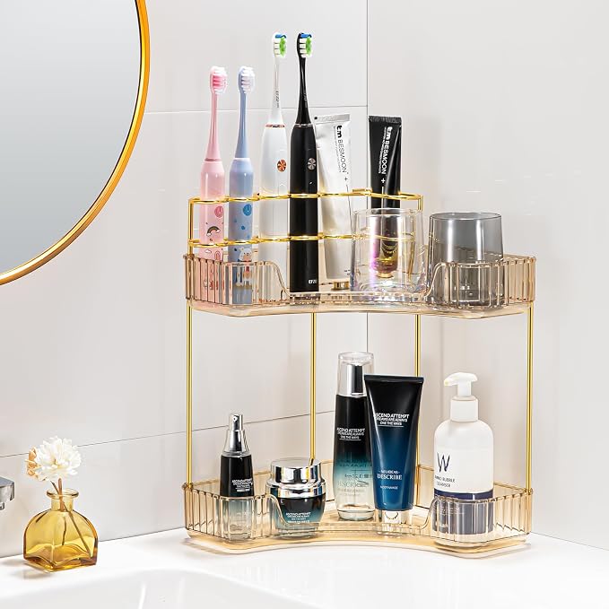 Upgraded 2-Tier Corner Bathroom Countertop Organizer – Spacious Storage for Makeup, Skincare & Perfumes, Built-in Brush Holder Fits Vanity/Dresser/Bsthtub (Vintage Gold) - Image 2