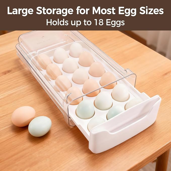 Egg-Holder for Fridge, Fits Small to Large Eggs, White | 18 Egg-Storage for Refrigerator Countertop, 1 Tier Dispenser with Drawer, Stackable Clear Egg Tray Container - Image 3