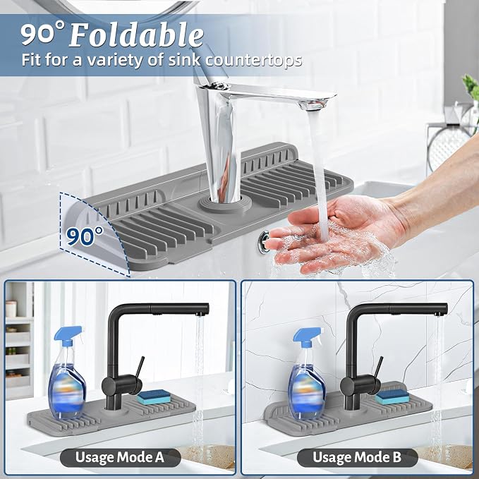 PoYang 14.6 Inch Faucet Mat for Kitchen Sink Splash Guard, Silicone, Grey | Sink Protectors with 7° Slope for Smooth Drainage, Snap Button Holds It in Place, 90° Foldable & Cuttable Hole Fit Most Sinks - Image 2