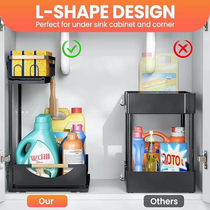 Under Sink Organizer and Storage for Bathroom and Kitchen - 2 Pack 2 Tier | Cabinet Pull Out Shelf Organizers - Slide Out Drawer Organization for Home Cabinets Shelves and Drawers - Image 4