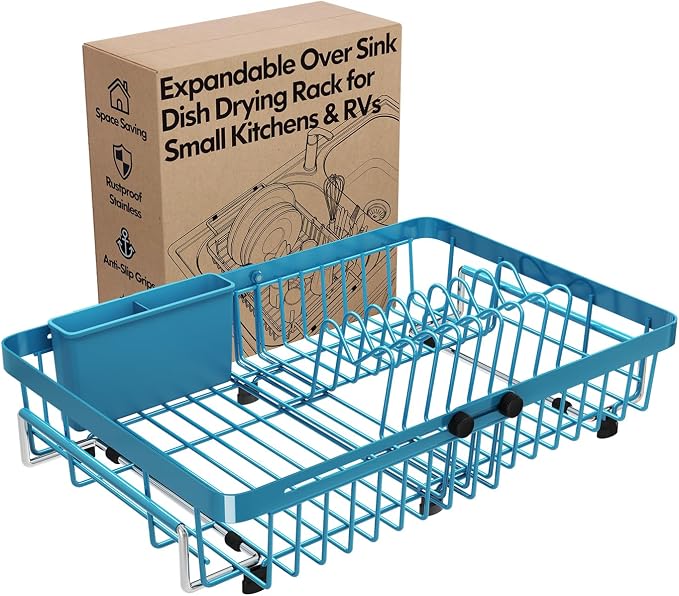 Blue Dish Drying Rack Over The Sink with Utensil Holder | Expandable Stainless Steel Dish Drainer for Small Kitchen, Apartment, RV, Counter Space Saving, Perfect Fit, Rustproof by MAJALiS
