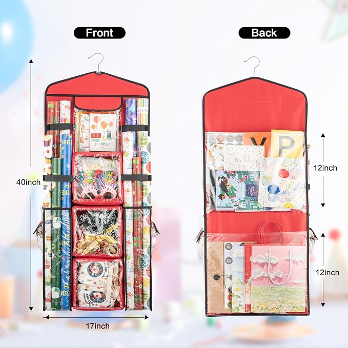Christmas Wrapping Paper Organizer Storage, Hanging Gift Bag Storage Organizer, Double-Sided Wrapping Paper Holder Storage - Red - Image 4