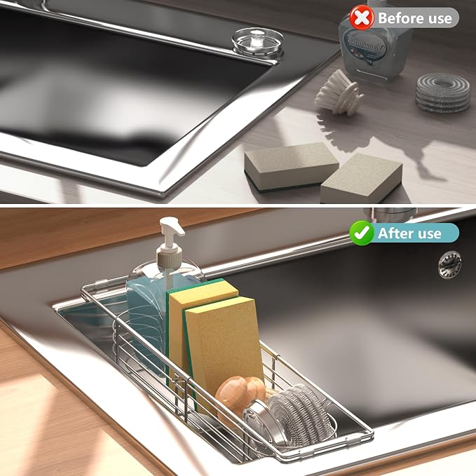 Sink Caddy Sponge Holder Kitchen Sink Organizer Expandable 13.4" to 17.1" | 304 Stainless Steel Telescopic sink organizer rack for kitchen - Image 3