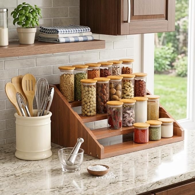 Solid Wood Spice Rack Organizer for Countertop & Cabinet, 4 Tier Adjustable Wooden Spice Shelf with Sliding Track, Premium Step Seasoning Bottle Holder for Kitchen, Pantry & Office, Walnut Brown - Image 2