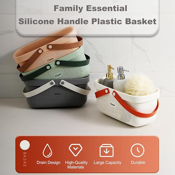 JiatuA Plastic Storage Basket with Handle Portable Shower Caddy Tote Organizer Basket Bin for Bathroom Kitchen Dorm Room Bedroom, Gray | Sturdy Drainage Large Capacity Organizer Basket with Silicone Handles for Bathroom Kitchen Bedroom College Dorm Ess... - Image 3