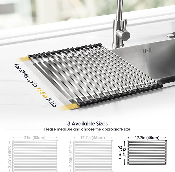 Tomorotec Roll Up Dish Drying Rack Over Sink, 304 Steel, 17.7x12.5, Black | Anti-Slip Silicone Rims For Grip, Heat-Resistant Trivet Mat Holding Heavy Cookware, Rustproof Kitchen Counter Space Saver - Image 4