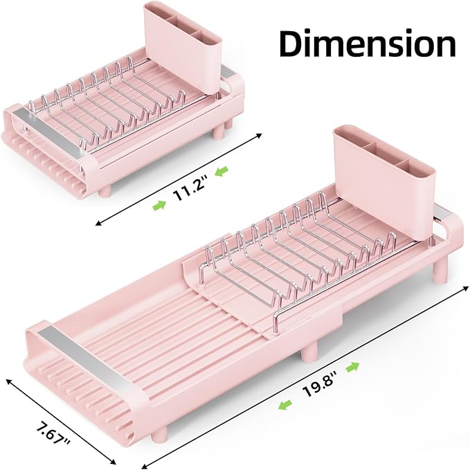 TOOLF Small Dish Drying Rack, Expandable and Space-Saving, Pink | Mini Dish racks for kitchen counter, Compact Design Fits Sink or Counter, Stainless Steel Plate Rack, 11"-19.3"L×7.7"W×3.54"H - Image 9
