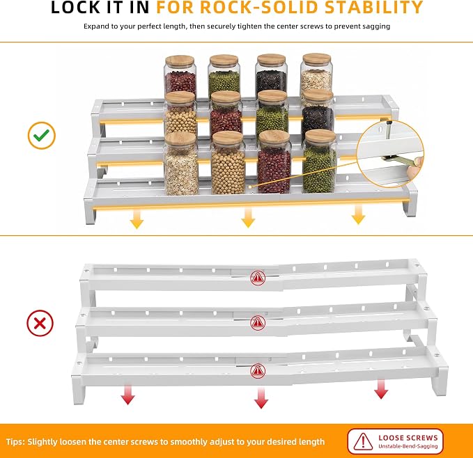 Spice Rack Organizer for Cabinet, 13-21.5" Expandable Spicy Shelf | 9.45" Depth 3-Tier White Metal Seasoning Organizer, Kitchen Spice Organization, Slip-Resistant Guardrails for Jars and Cans - Image 6