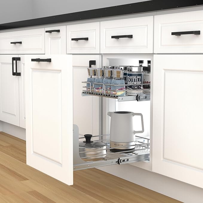 2 Tier Pull Out Cabinet Organizer, 17" W x 21" D Heavy-Duty Metal Sliding Drawer Shelf for Kitchen Cabinets, Chrome, Doesn't Include Door Fittings - Image 7