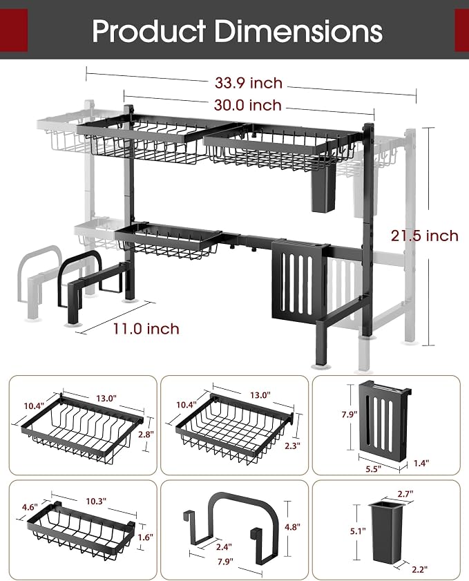 Sakugi Over The Sink Dish Drying Rack - Adjustable 2 Tier Large Capacity Stainless Steel Drainer with Cutlery & Utensil Holders, Kitchen Storage & Organization, 30"-33.9" L x 11" W x 21.5" H, Black - Image 4
