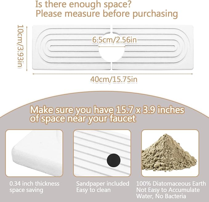 Jiozermi 15.8" Diatomite Faucet Mat for Kitchen Sink, White | Diatomite Stone Sink Tray, Faucet Sink Splash Guard, Absorbent Mat, For Kitchen Bathroom Faucet Sink, 15.8" x 3.9" - Image 2