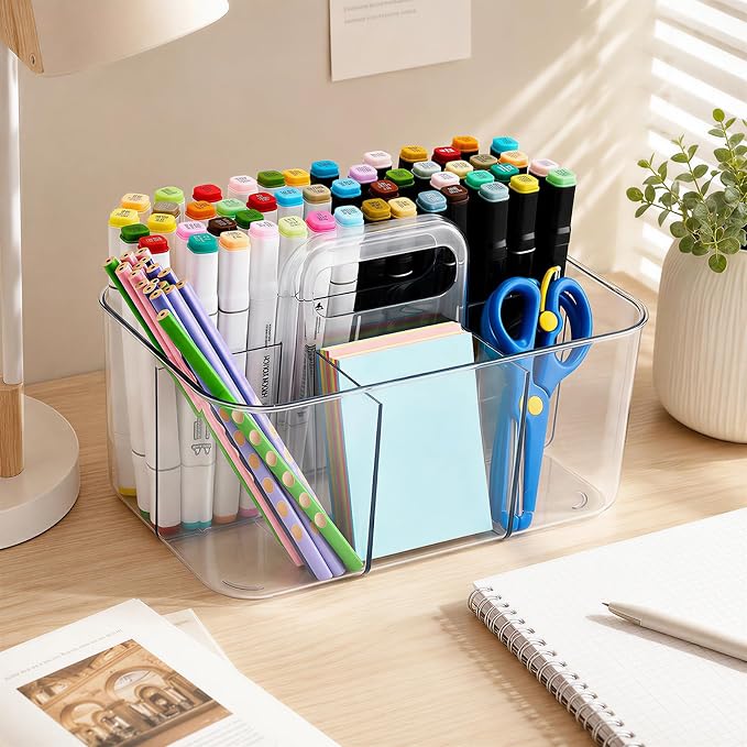 Plastic Storage Caddy with Handle, Clear Shower Makeup Caddy Organizer with 5 Compartments, Portable Multi-Purpose Desk Caddy for Craft Art Supply Pencils Home Office Bathroom Supplies - Image 3