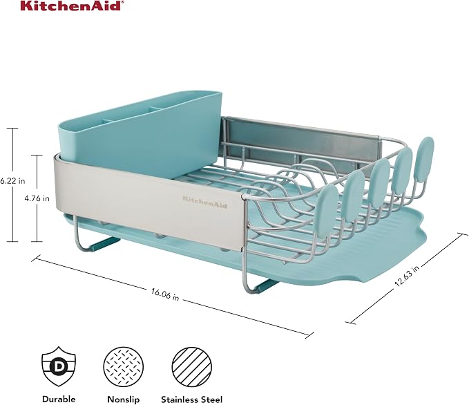 KitchenAid Compact Space Saving Rust Resistant Dish Rack with Removable Flatware Caddy and Angled Self Draining Drainboard, 12.63 x 15.87 x 5.54 Inch, Mineral Water - Image 2