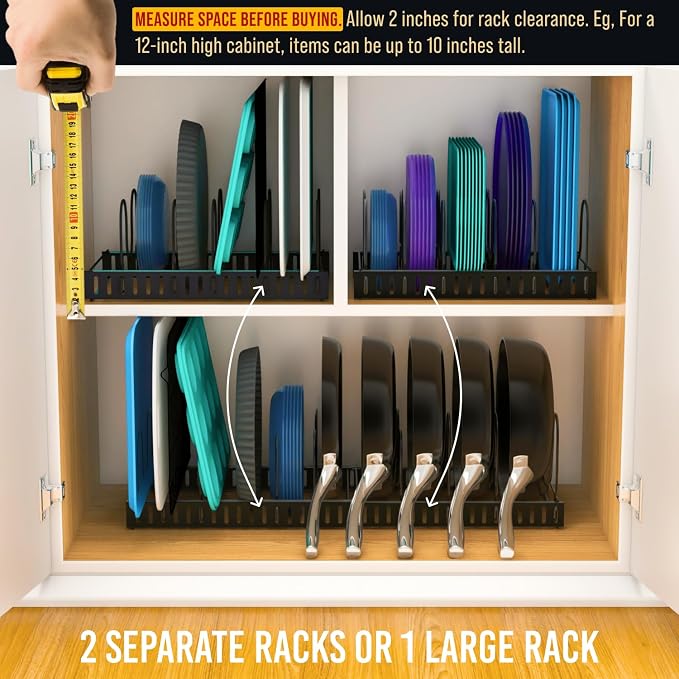Norcalway Adjustable Bakeware Pots and Pans Organizer Under Cabinet,11 Dividers Cookie Sheet Baking Pan Pot Lid Organizers - Image 5