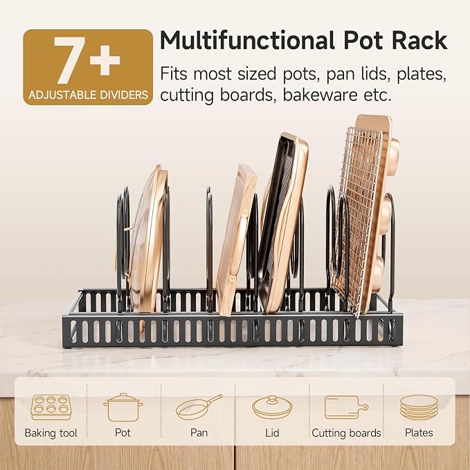 MUDEELA Pot Lid Organizer for Cabinet, Adjustable Baking Pan Rack 7 Slots | 7 Adjustable Divider, Tool-Free Assembly,Non-Slip, Scratch-Proof, Sturdy Metal Frame, For Pan Lid Cutting Board Bakeware - Image 4