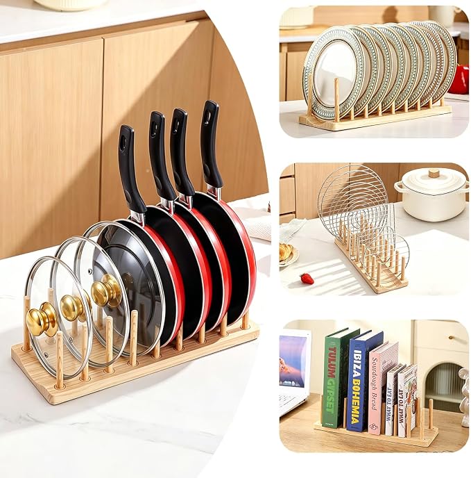 HOMQUEN Pot Lid Organizer, Sturdy Plastic Pan Lid Organizer Rack, 8 Adjustable Compartments - For Cabinet and Countertop, Pot Lids, Pans, Plates, Bowls, Cups, Cutting Boards and Books - Image 3