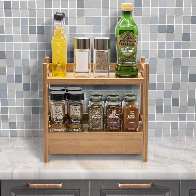 Sorbus 2-Tier Bamboo Countertop Shelf with Hidden Drawer for Vanity, Matcha Shelf, Bathroom Storage Cabinet, Under Sink Organizer, Bathroom Storage, Matcha Station Shelf (13″ L x 6.5″ W x 12.6″ H) - Image 9