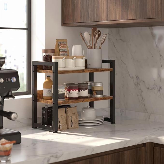 Kitchen Countertop Organizer Shelf, 3 Tier Spice Rack Wood Coffee Counter Shelf Kitchen Cabinet Organizer with Metal Leg for Countertop, Pantry, Bathroom Countertop Organizer, Rustic Brown - Image 7