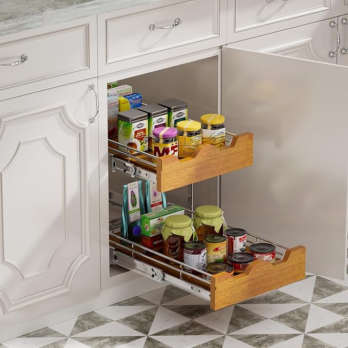 DINDON 2 Tier Pull Out Cabinet Organizer (14" W x 21" D) Slide Out Wood Shelf Double Tier Kitchen Wire Basket with Chrome Finish… - Image 2