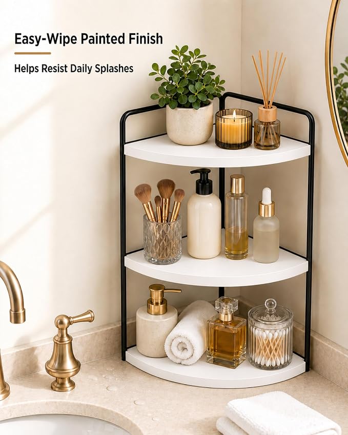 3-Tier Corner Bathroom Counter Organizer, Solid Pine Vanity Shelf, White | Solid pine 3-tier corner shelf with 6.3 in clearance for tall bottles in bathroom, vanity, kitchen, or coffee bar. - Image 2