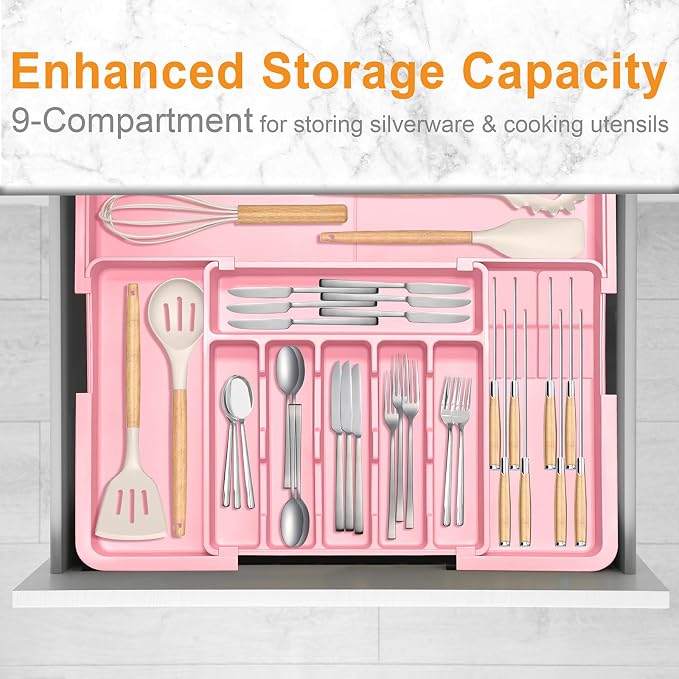 Silverware Organizer - Expandable Large Kitchen Drawer Organizer Utensil Organizer with 2 Knife Block Inserts, 22"x 19"Cutlery Tray with Drawer Dividers for Kitchen Flatware (Pink) - Image 7