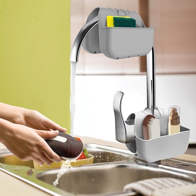 Sponge Holder for Kitchen Sink, Silicone Sink Saddle Caddy Organizer Rack, Sponges Holder Over Faucet, Hanging Kitchen Organizer Accessories Rack Basket Gray - Image 7