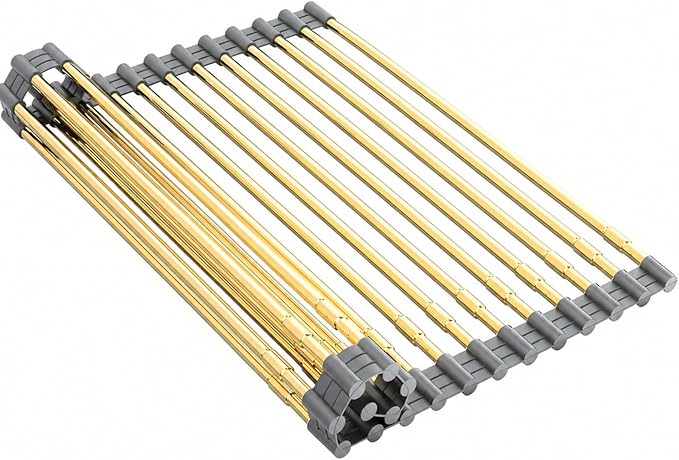 Expandable Large Draining Rack, Roll Up Heat-Resistant Dish Drainer for Stainless Steel Sinks, Collapsible Over The Sink Rack Non-Slip Silicone Rolling Up Rack Gold 18 Tube by SimplifyHomeCookingCleaning